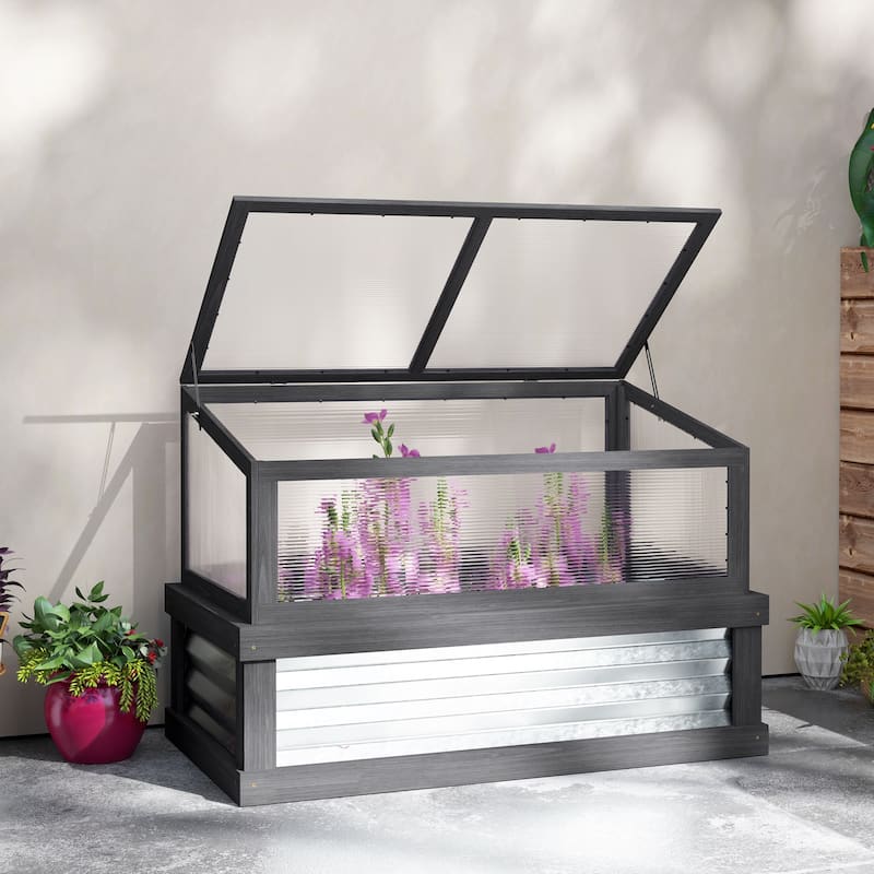 Outsunny Raised Garden Bed with Polycarbonate Greenhouse, Lean-to Garden Wooden Cold Frame Greenhouse