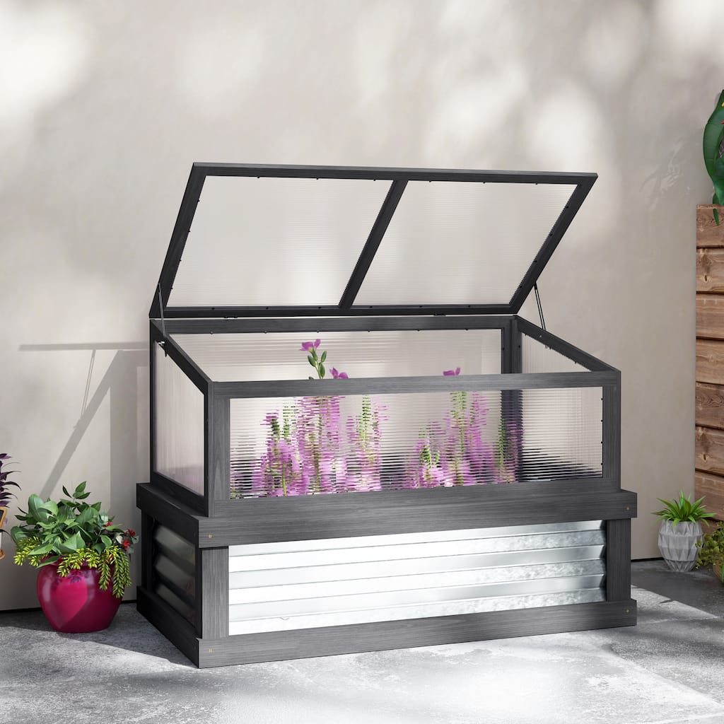 Outsunny Raised Garden Bed with Polycarbonate Greenhouse, Lean-to Garden Wooden Cold Frame Greenhouse