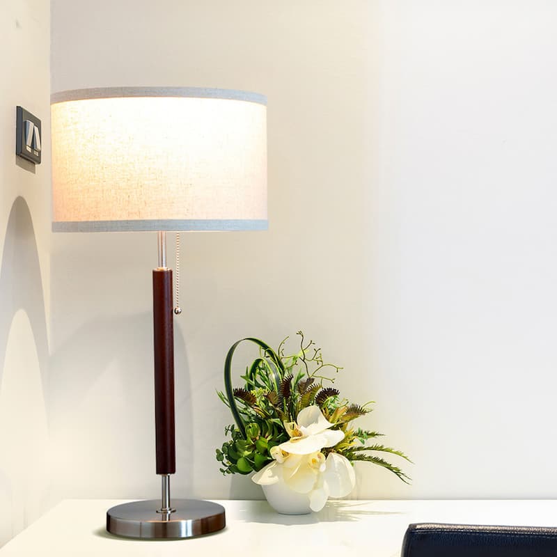 Brightech Carter 26 in. Walnut Brown Mid-Century Modern LED Standard Table Lamp with Beige Fabric Drum Shade (2-Pack)