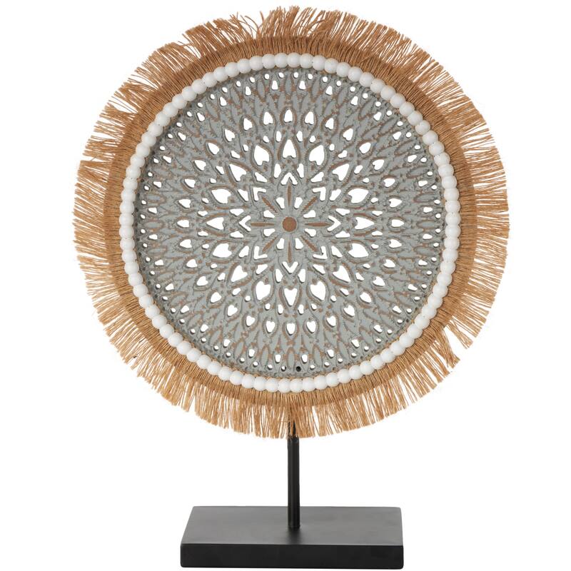 White or Gray Wooden Handmade Seagrass Fringed Sculpture with Black Base