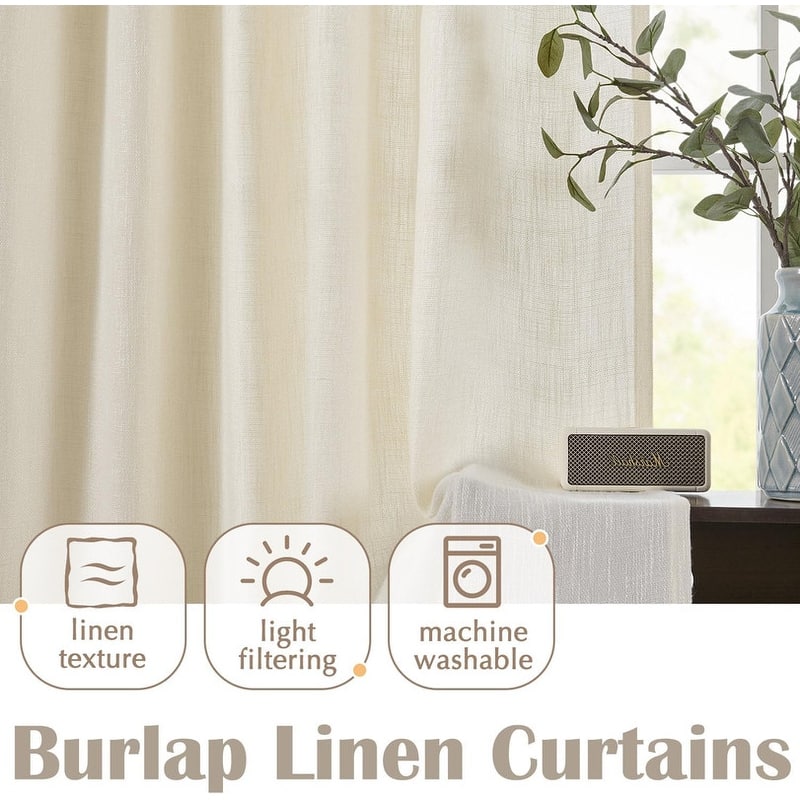 96 Inch Light Filtering Farmhouse Curtains Burlap Look Textured