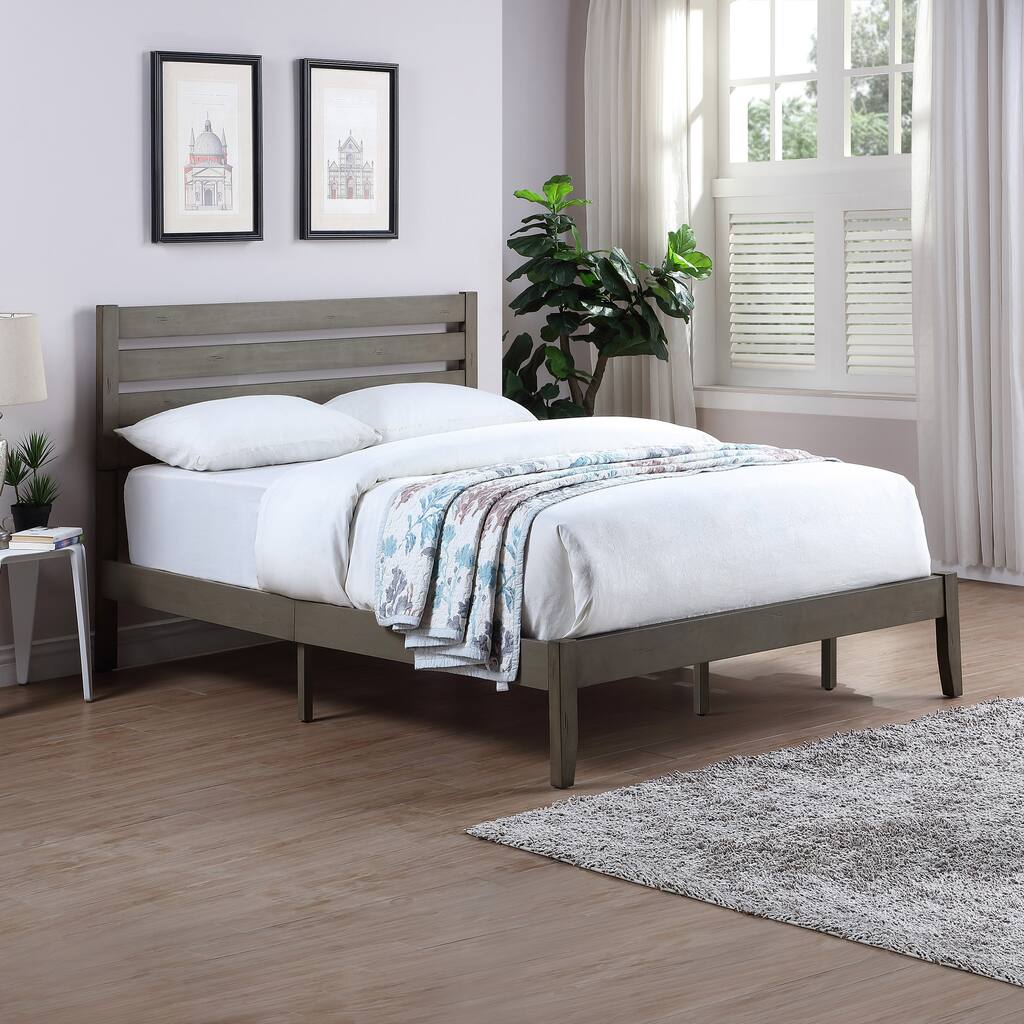 Modern Queen Platform Bed Frame with Slatted Wood Headboard, Solid Acacia and Pine Construction, Low Profile Design
