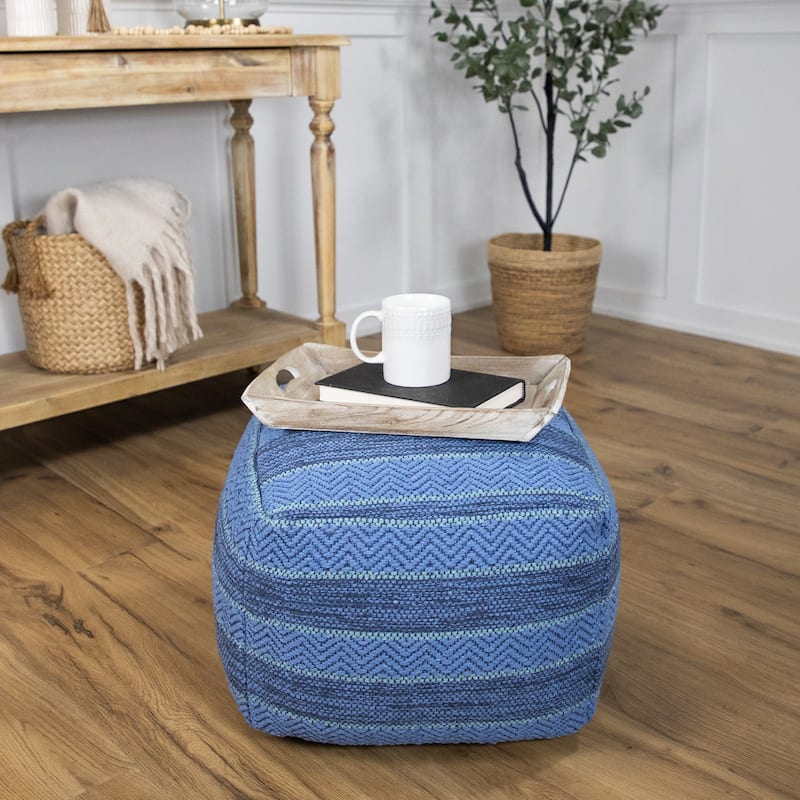 Striped Woven Cotton Square Pouf - 14" - Blue