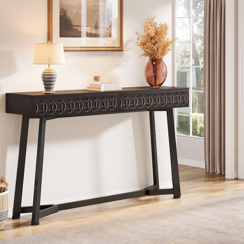 55-Inch Modern Console Table Black Entryway Table with 2 Drawers