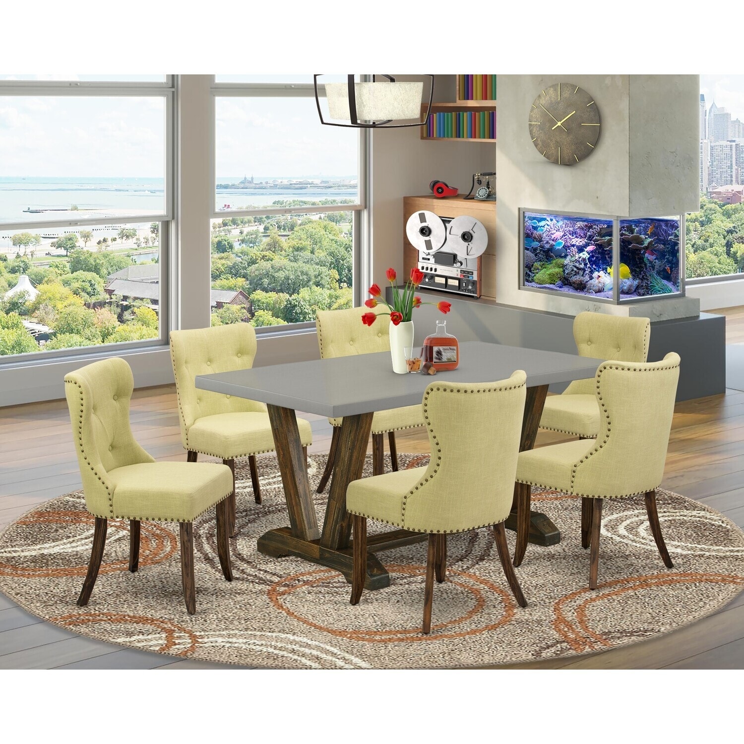 7-Piece Dining Set - Linen Fabric Parsons Chairs & Rectangular Table - Living Room Table Set