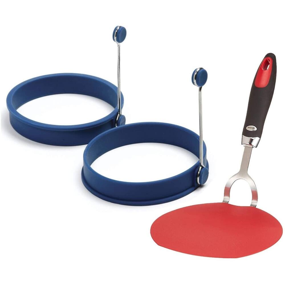 Norpro Grip-EZ Flexible Pancake Spatula with Silicone Round Pancake / Egg Rings Combo - Red / Blue