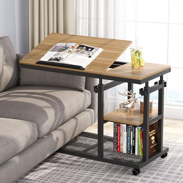 Adjustable C-Shaped End Table With Wheels - Solid Oak Swivel Laptop Table For Sofa & Bed (Walnut)