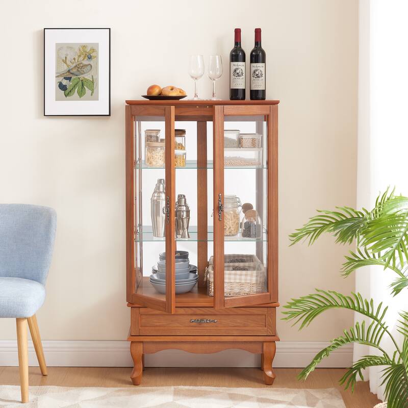 Lighted Glass Cabinet Glass Wine Cabinet Curio Display Cabinet with Adjustable Glass Shelves 2 Doors and 1 drawer Cabinet