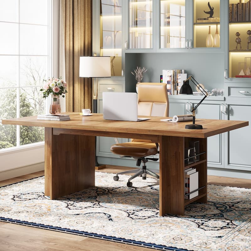 63-in Large Executive Desk, Home Office Desk Large Computer Writing Table with Storage - Natural Wood Color