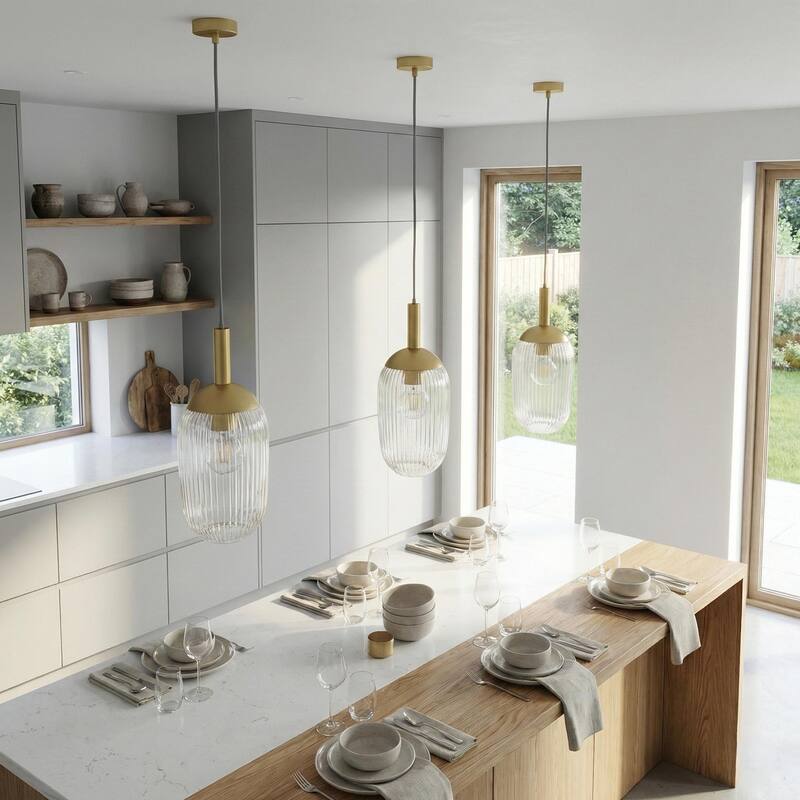 Anna Gold Modern Pendant Light with Ribbed Glass Shade