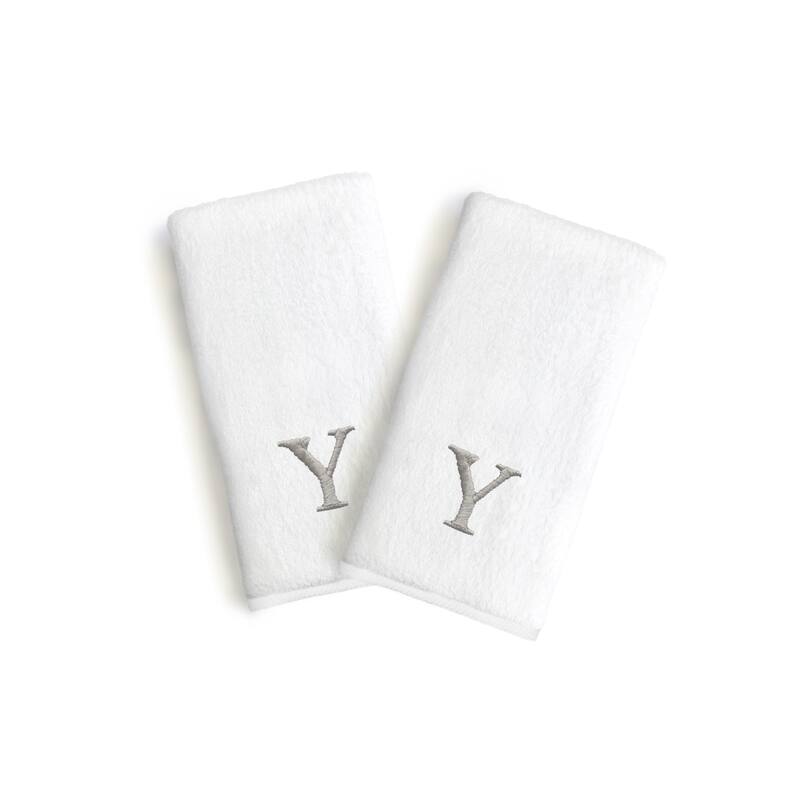 Authentic Hotel and Spa 2-piece White Turkish Cotton Hand Towels with Grey Block Monogrammed Initial - White/Y