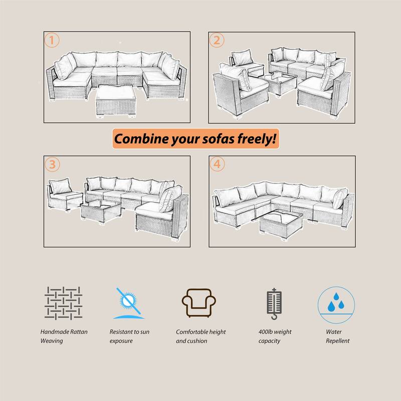 7-Piece Wicker Outdoor Sectional Set with Glass Table and Cushions