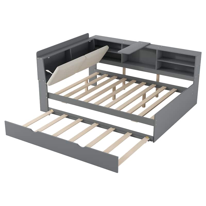 Solid Pinewood Captain Platform Bed with Trundle Bed, Upholstered Headboard, Rotatable Storage Board and Bookshelves