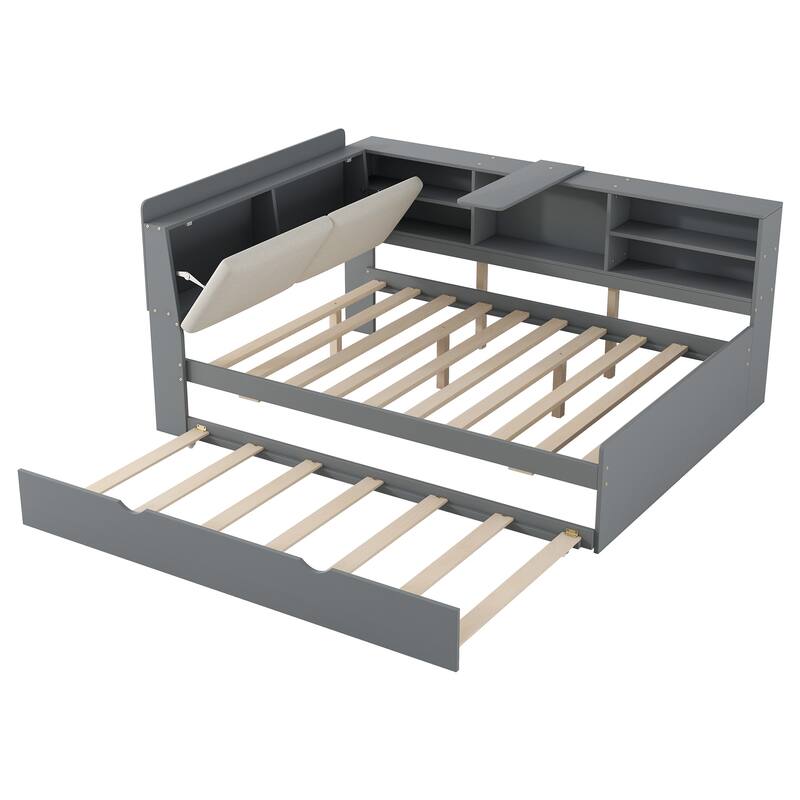 Wooden Storage Daybed Frame, Modern Platform Bed with Trundle & Upholstered Headboard & Shelves, No Box Spring Needed