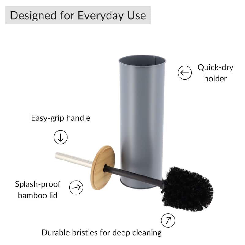 Metal Toilet Brush and Holder Set With Bamboo Lid