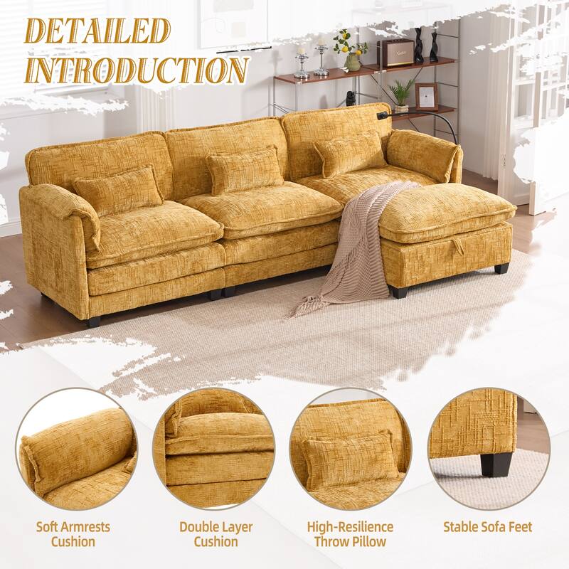 HOMEFUN Chenille Upholstered L-shaped Phone Holder Modular Sectional Sleeper Sofa with Movable Storage Ottoman