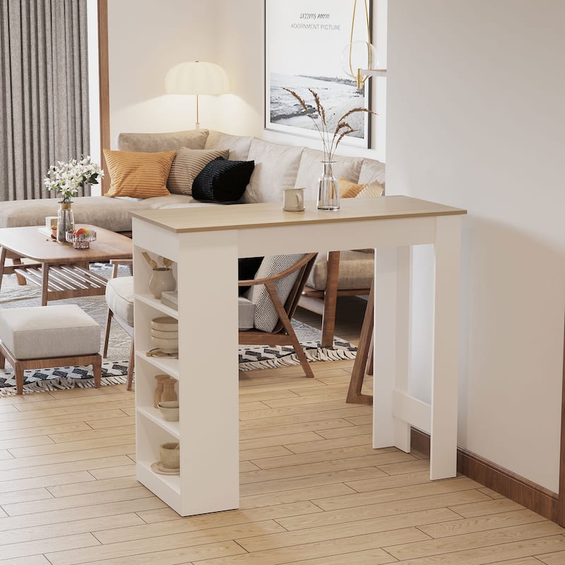 Bar Table, High Top Pub Table with 4 Storage Shelves