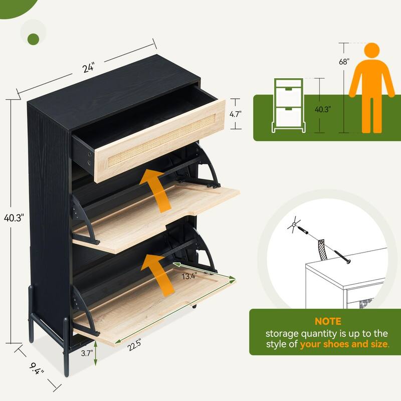 Natural Rattan 2 Flip Door with 1 Drawer Shoe Cabinet Organizer Freestanding, Modern Shoe Rack Storage Organizer - 24x9.4x40.3in