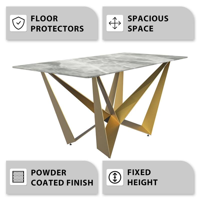 Nuvor Rectangular Sintered Stone or Glass Tabletop Dining Table with Powder-Coated Gold Steel Base for Kitchens & Dining Rooms