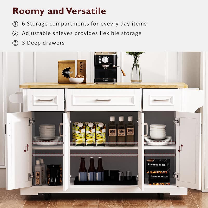 54" Large Rolling Kitchen Island with Rubber Wood Drop Leaf - Embossed Texture Storage Cart with 4 Doors & 3 Drawers for Kitchen