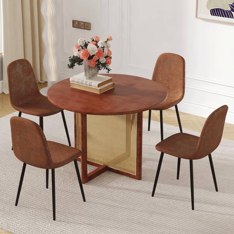 5-Piece Wooden Dining Table Set, Farmhouse Round Dining Table Set with 4 Fabric Dining Chairs for Kitchens, Small Spaces - Brown,Walnut
