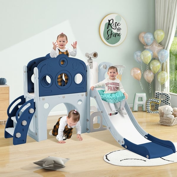 slide 2 of 27, Freestanding Spaceship Set with Slide, Arch Tunnel and Basketball Hoop, Toy Storage Organizer for Toddlers, Kids Climbers Blue