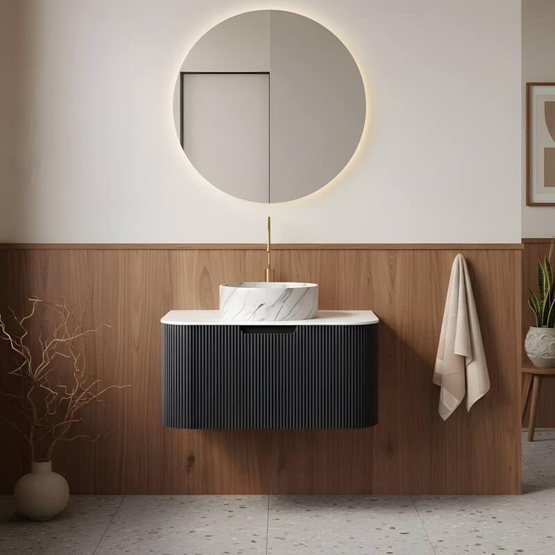 Floating Bathroom with Round Ceramic Basin and Storage Drawer