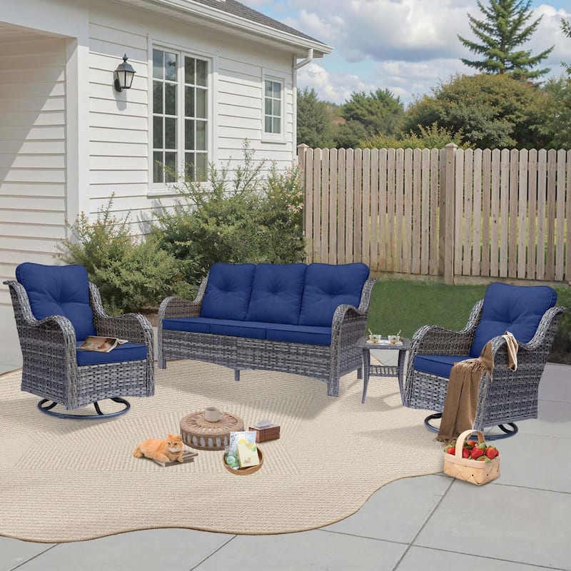 High Back 4-Piece Outdoor Wicker Patio Furniture Seating Sofa Set with Swivel Chairs