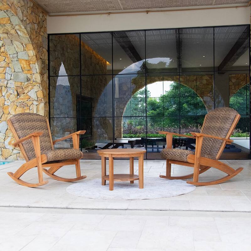 Cambridge Casual Camden 3-Piece Teak Wood Outdoor Rocking Chair Set with Padded Woven Seat