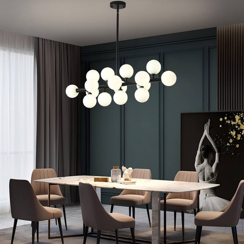 Mid-Century Modern Sputnik Chandelier 16-Light Adjustable Brass Pendant with Glass Globes for Dining Rooms - 34.7in