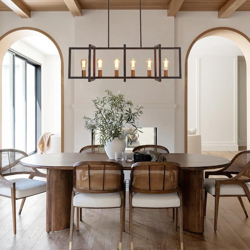 6-Light Black Rectangle Linear Island Pendant Farmhouse