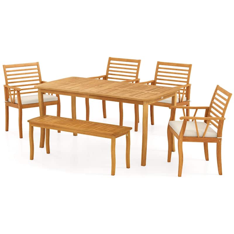 Costway 6 PSC Patio Dining Set Acacia Wood Table and Bench Chairs with - See Details