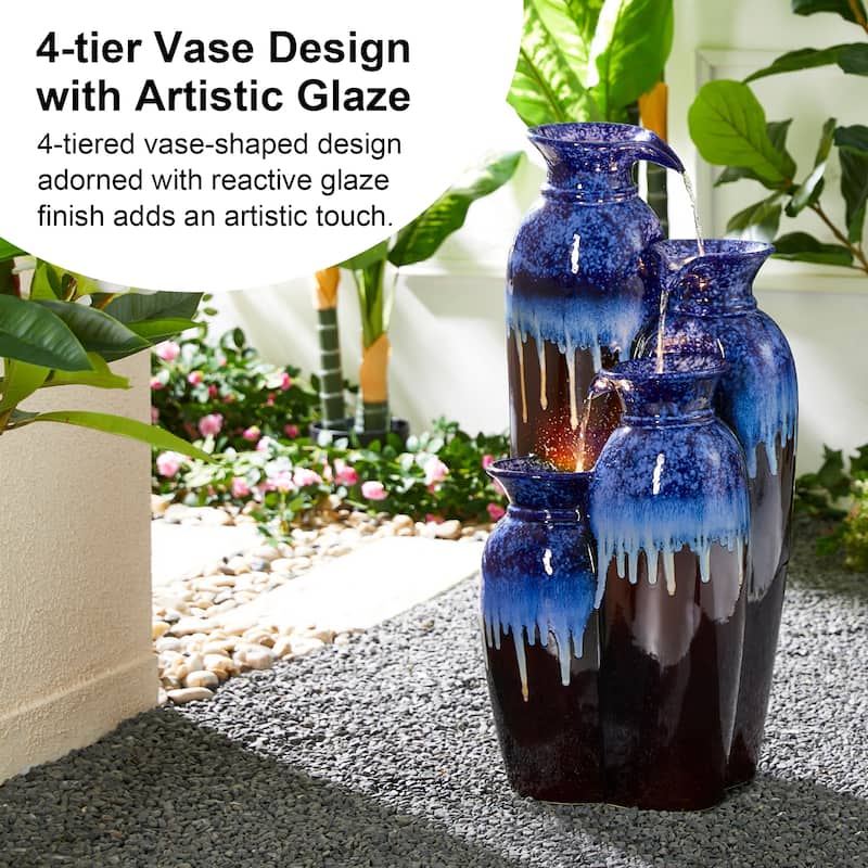 Glitzhome 30.75"H 4-Tiered LED Lighted Ceramic Vase Outdoor Floor Fountains