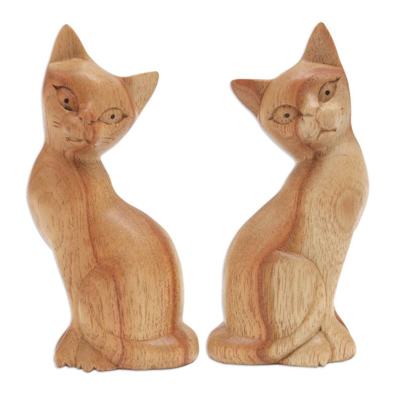 Novica Handmade Feline Twins Wood Sculpture (Pair)