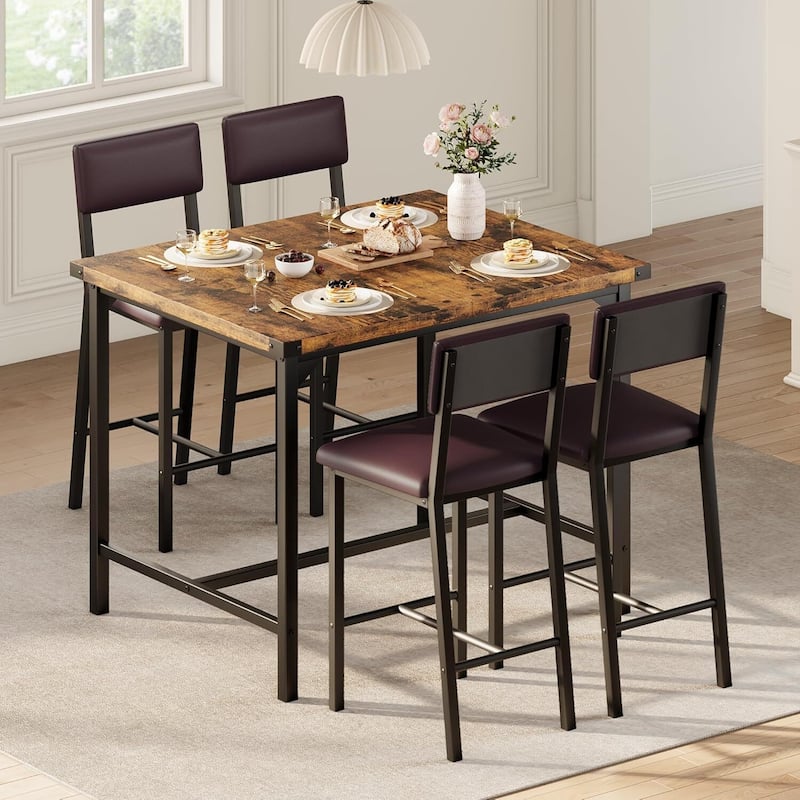 Counter Height Kitchen Dining Table Set with 4 Upholstered Bar Stools for Dining Room - Brown