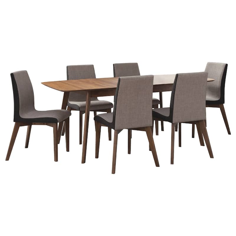 Bera 7pc Dining Set w Chairs, 59-75 Inch Extendable, Walnut Brown, Gray
