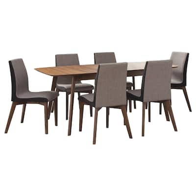 Bera 7pc Dining Set w Chairs, 59-75 Inch Extendable, Walnut Brown, Gray