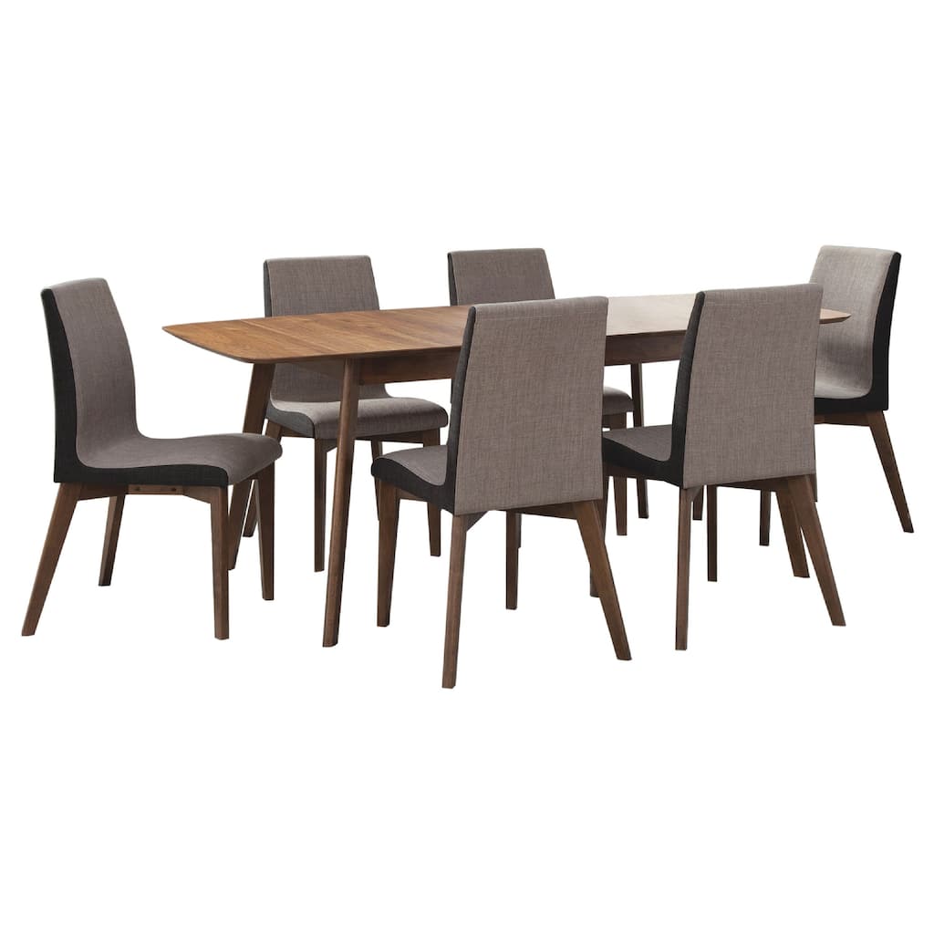 Bera 7pc Dining Set w Chairs, 59-75 Inch Extendable, Walnut Brown, Gray