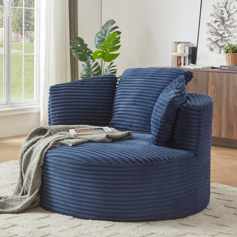 Compressible Corduroy Round Chair with Cushioned Backrest - Modern Comfort Seating for Living Room,Office - Blue