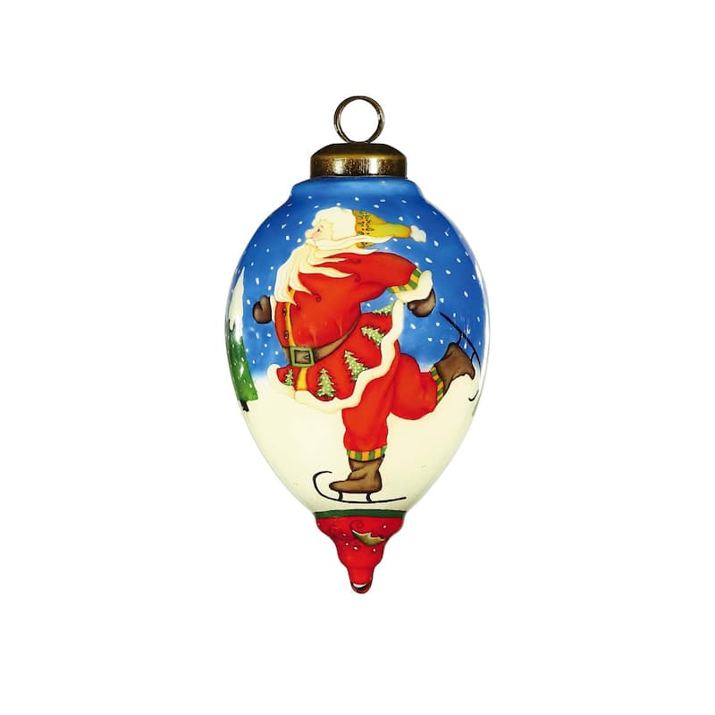 Ice Skating Santa Hand Painted Mouth Blown Glass Ornament - 4" x 2.5" x 2.5"