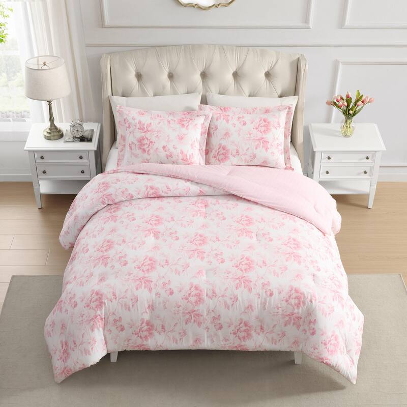 Laura Ashley Anja Textured Toile Floral All Season Cotton Comforter Set with Solid Reverse (Pink)