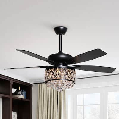 Modern 52-inch Black 5-Blade Crystal Ceiling Fan with Remote - 52 Inches