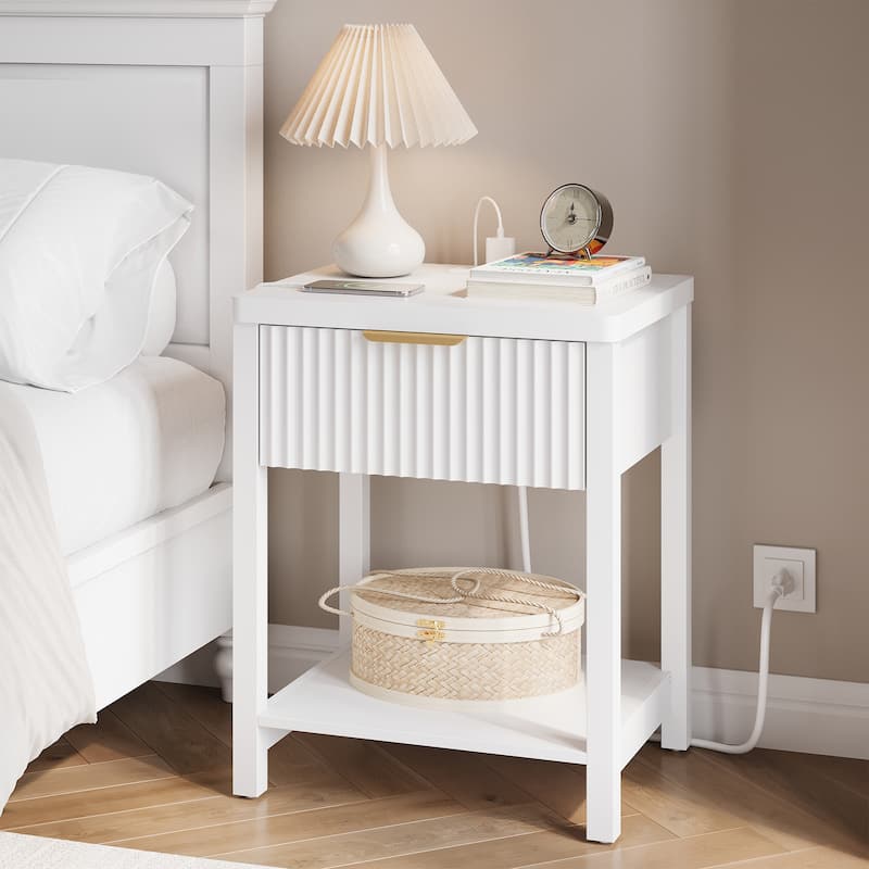 Nightstand with Drawers Fluted Bedside Table with Charging Station