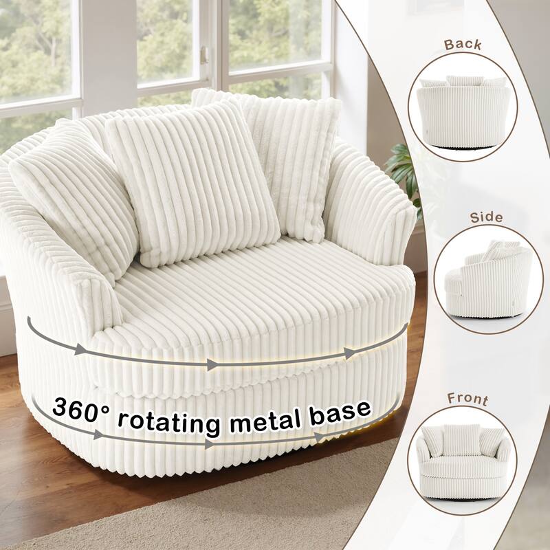 2 Set Oversized 43" W Plush Corduroy Swivel Barrel Chair with Pillows