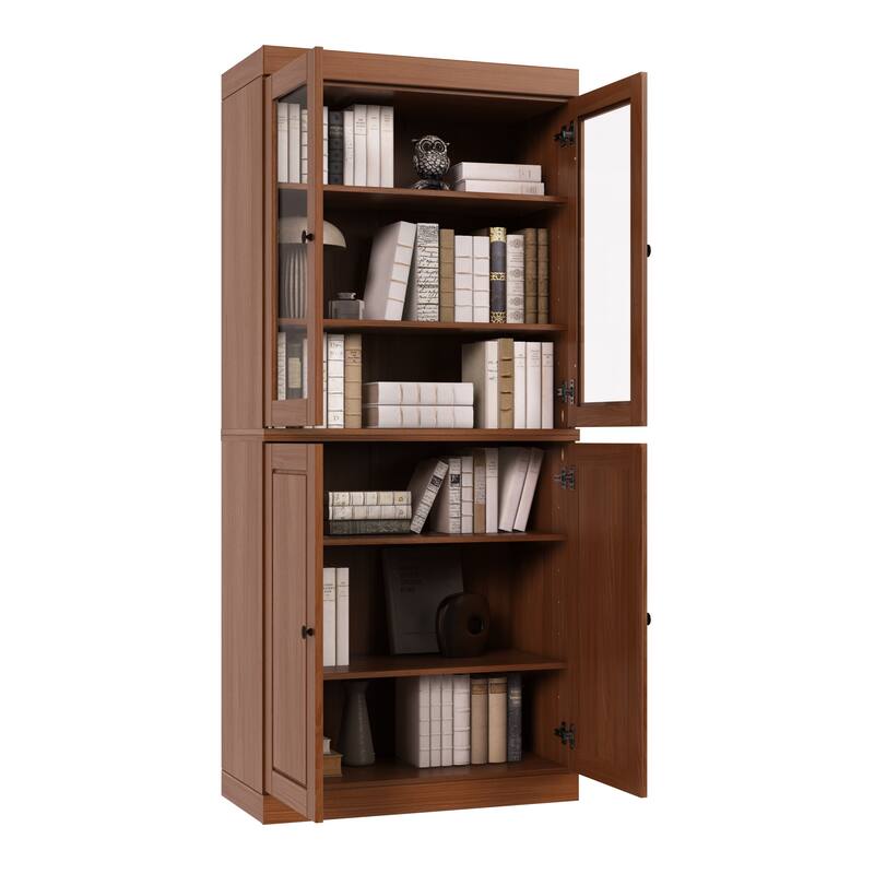Palace Imports Solid Wood 6-Shelf Bookcase, Raised Panel Clear Glass Doors, Adjustable Shelves