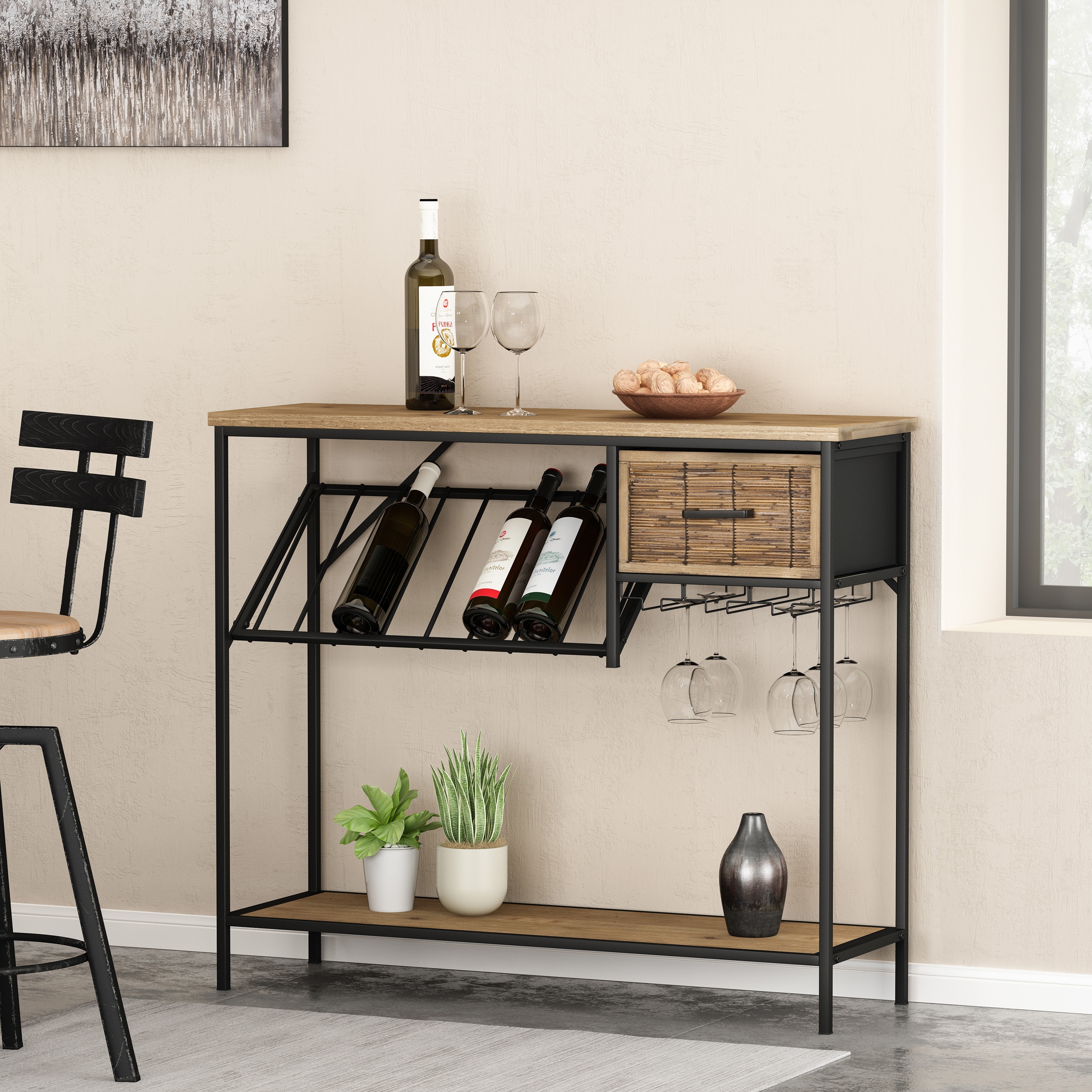 40 Industrial Rectangular Wine Rack Freestanding Wood Console Table with Storage Drawer and Glass Holders Natural Bed Bath Beyond 40460663