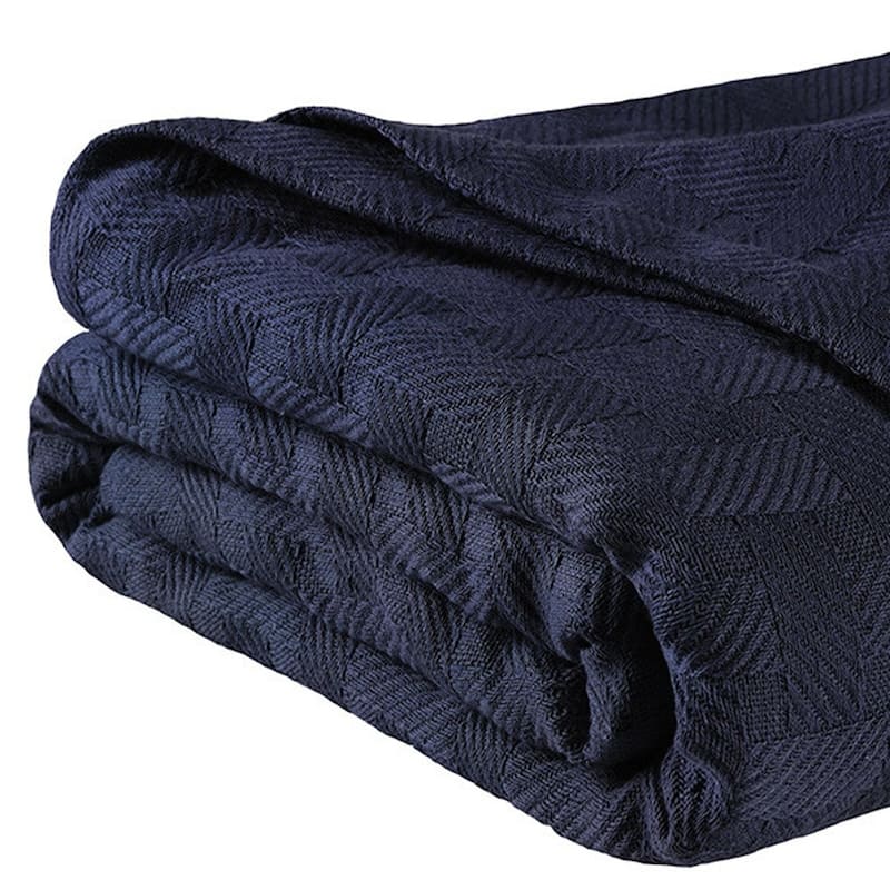 HomeRoots King Navy Blue Cotton Basketweave Geometric Blanket