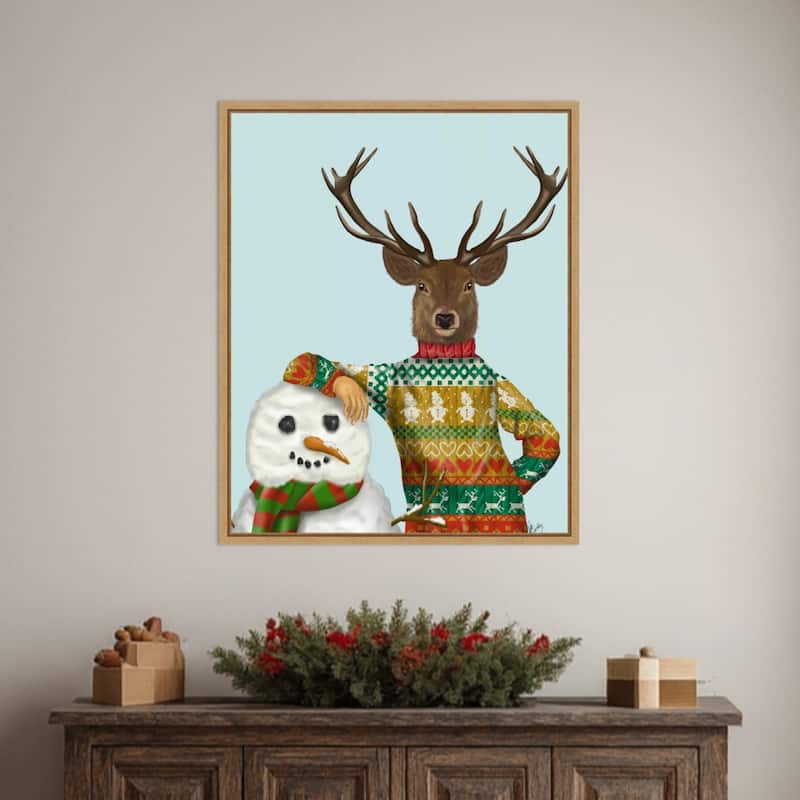 Deer in Christmas Sweater with Snowman by Fab Funky (23 x 28 in.), Framed Canvas Wall Art Print - Sylvie Natural