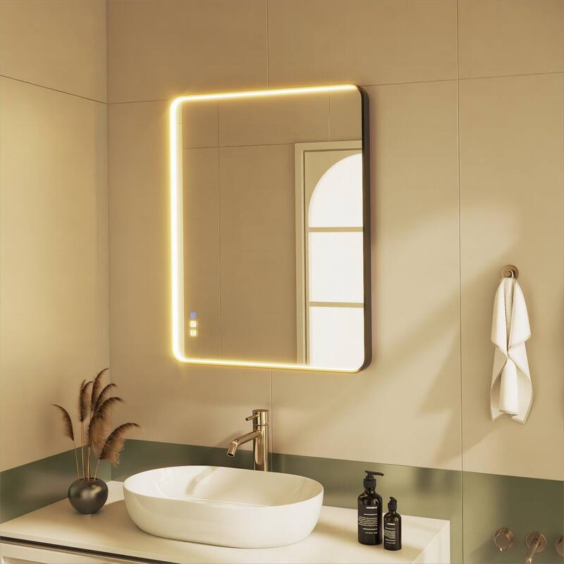 Organnice Rectangular LED Aluminum Black Framed Light Rounded Wall Mirror with Front Light - 36*28