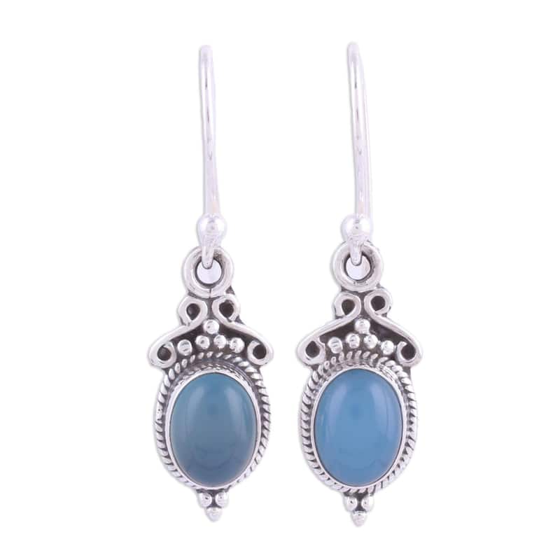 NOVICA Handmade Sterling Silver 'Elegant Gloss in Blue' Chalcedony Earrings - 1.2*0.4